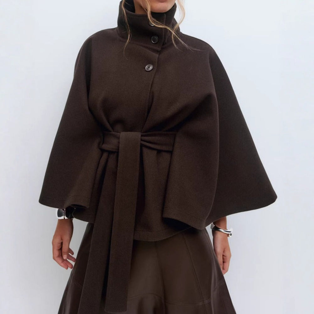 Aderyn | High-Neck Belted Cape Coat in Khaki