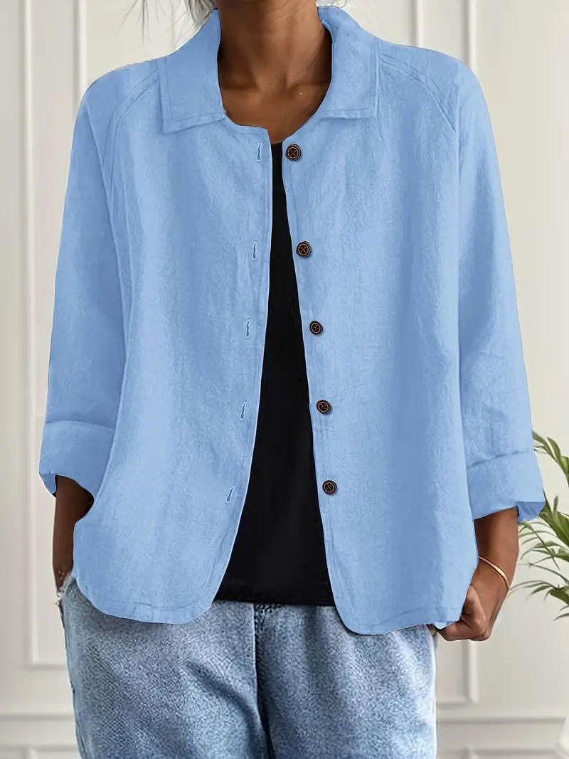 Tesni | Three-Quarter Sleeve Button-Front Shirt Jacket in Light Blue