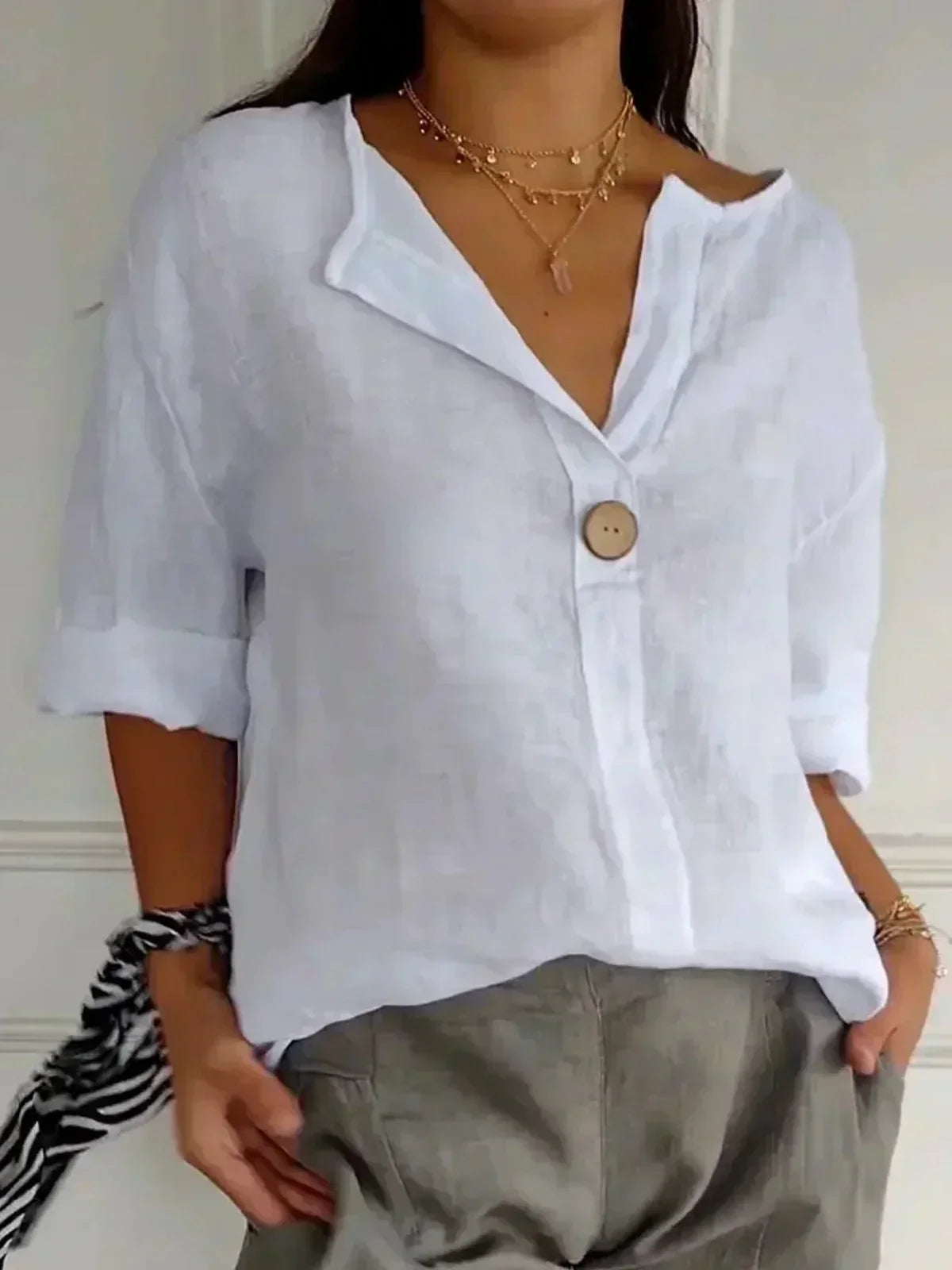 Deniece | Button-Neck Short-Sleeve Blouse