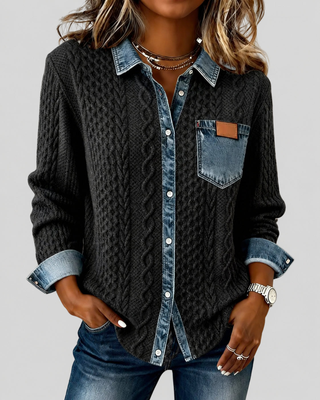 Cable-knit cardigan with denim-effect collar, button placket and chest pocket, front view.