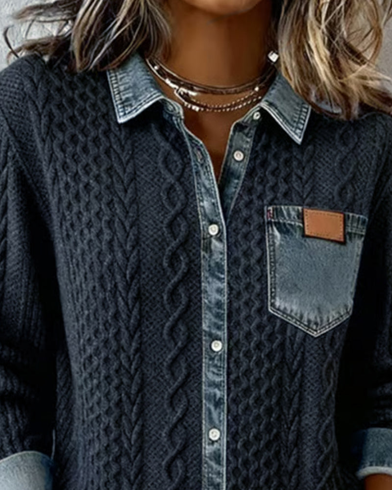 Close-up of the cable-knit cardigan collar, button placket and contrast chest pocket.