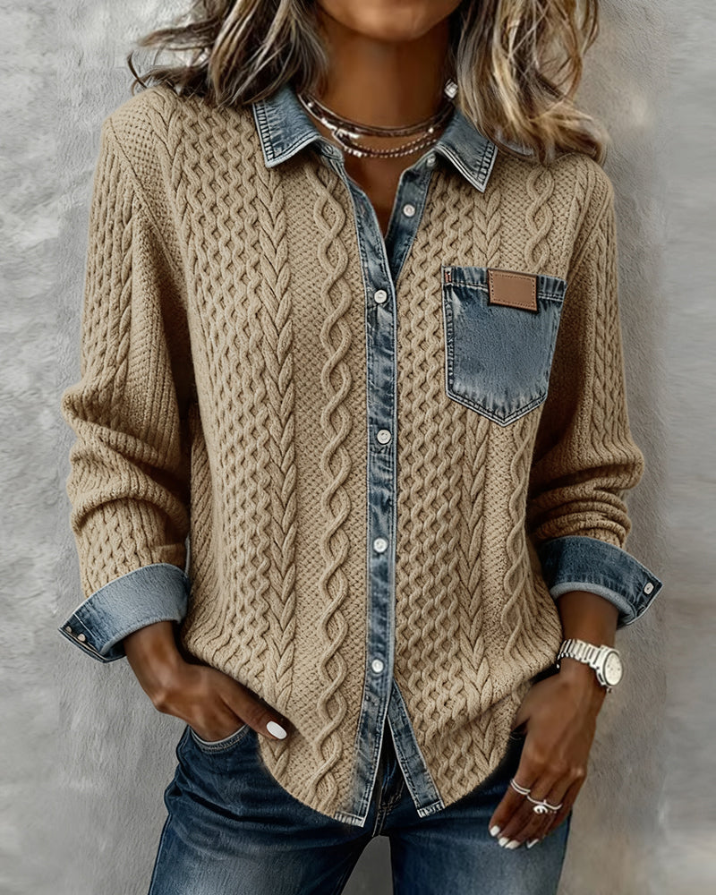 Cable-knit cardigan with denim-effect collar, button placket and chest pocket, front view.