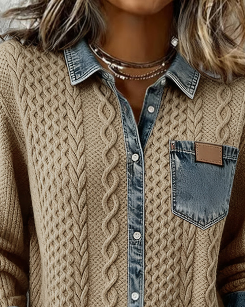 Close-up of the cable-knit cardigan collar, button placket and contrast chest pocket.
