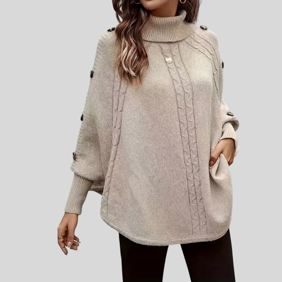 Cable-Knit Roll-Neck Poncho, front view.