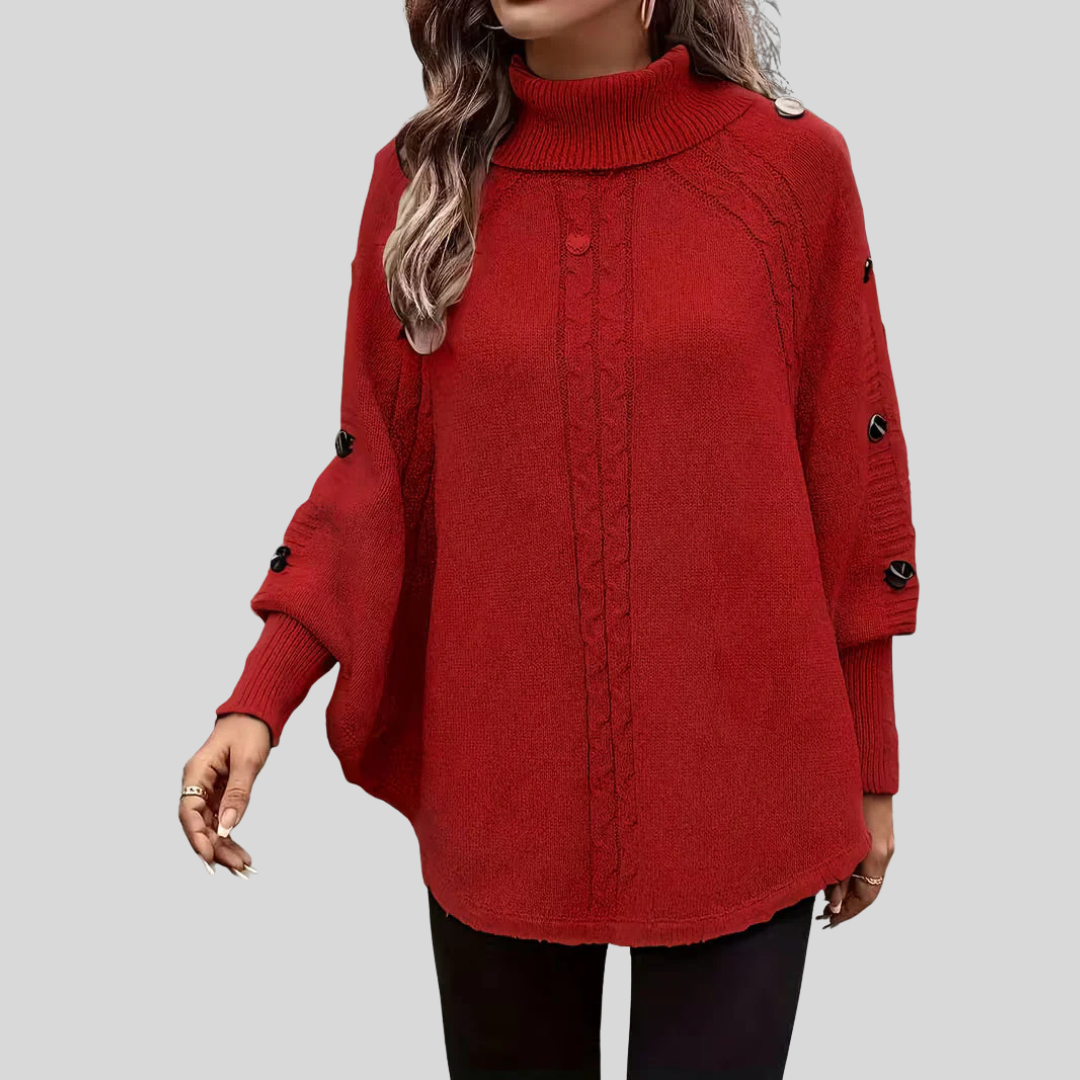 Cable-Knit Roll-Neck Poncho, front view.