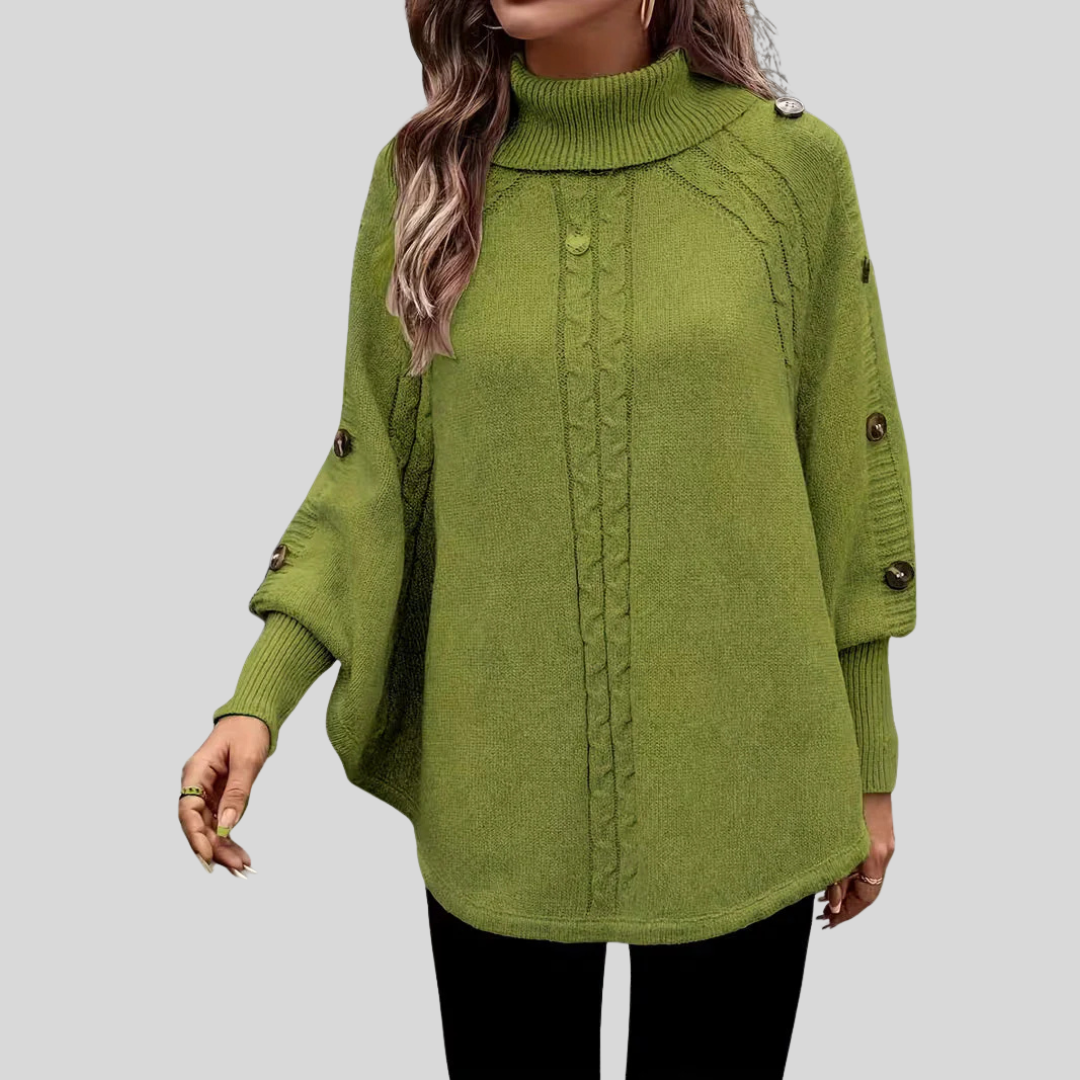 Cable-Knit Roll-Neck Poncho, front view.