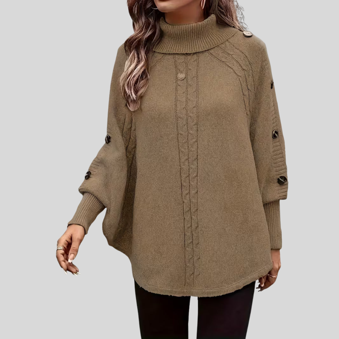Cable-Knit Roll-Neck Poncho, front view.