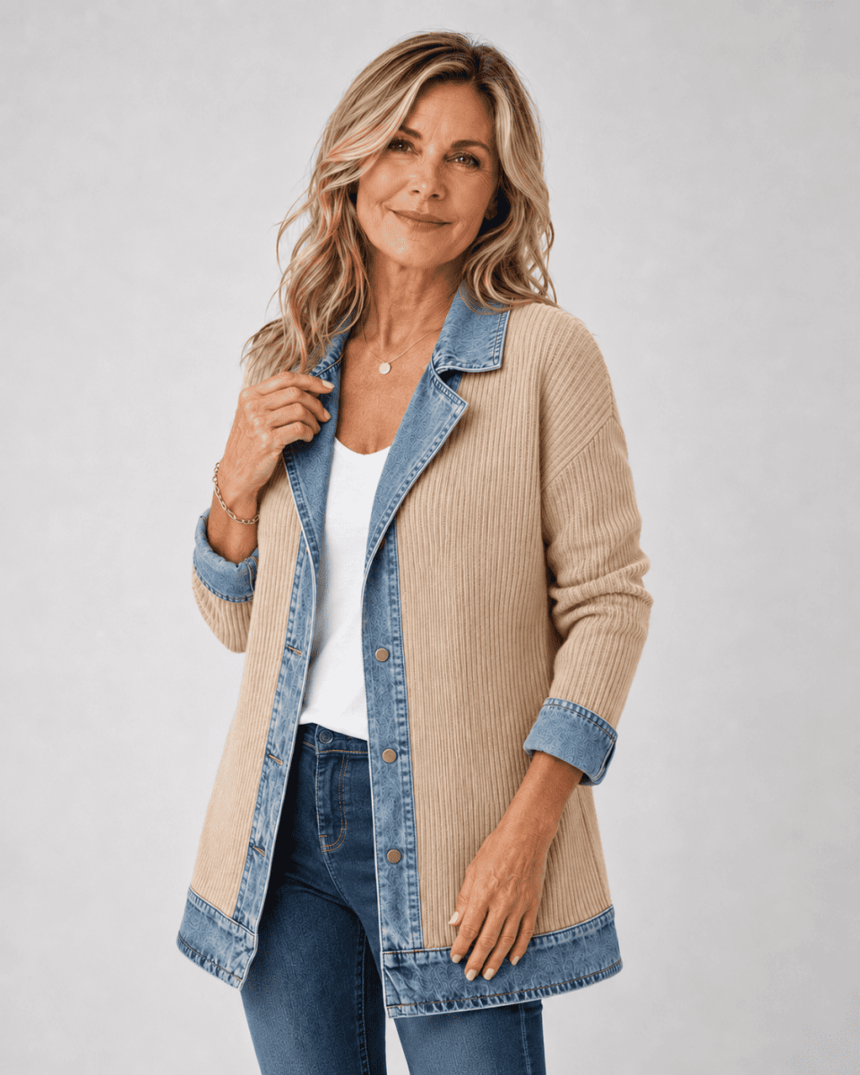 Women's jacket with contrasting trim, an open front and a longline silhouette