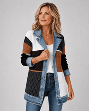 Women's jacket with contrasting trim, an open front and a longline silhouette