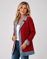 Women's jacket with contrasting trim, an open front and a longline silhouette