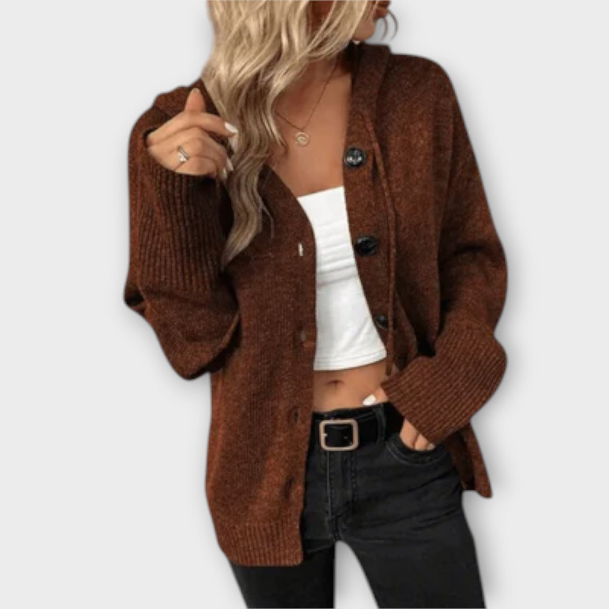 Women's cardigan with a V-shaped neckline, a button front and long sleeves