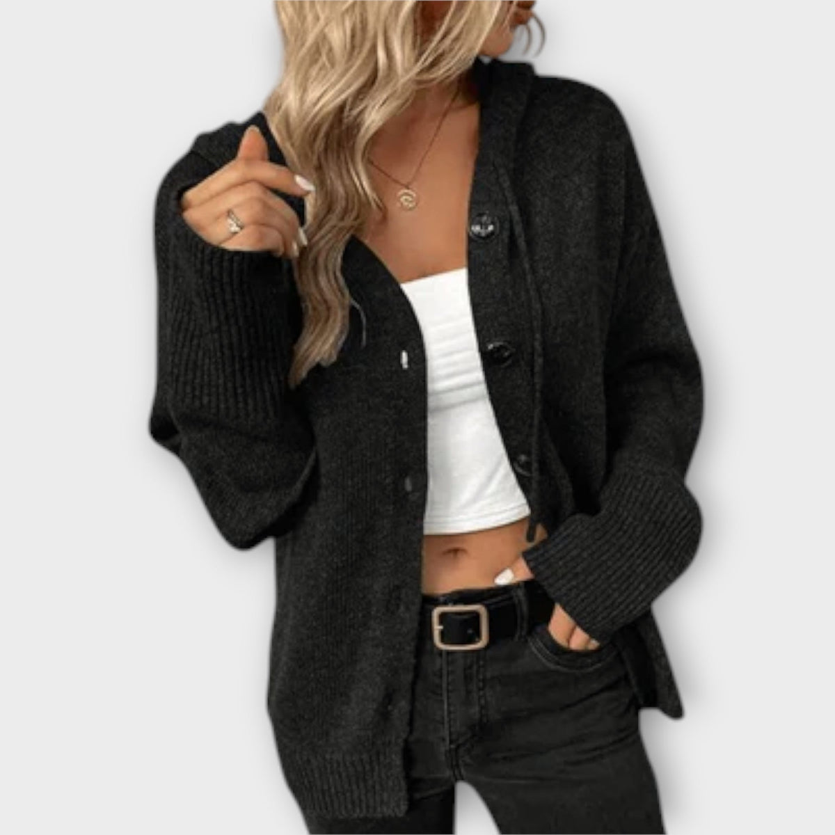 Women's cardigan with a V-shaped neckline, a button front and long sleeves