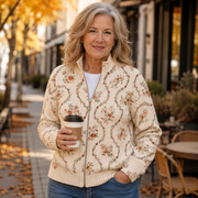 Women's cardigan with a front zip, a stand collar and ribbed cuffs and hem