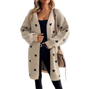 Women's long cardigan with heart motifs, a button front and a longline silhouette