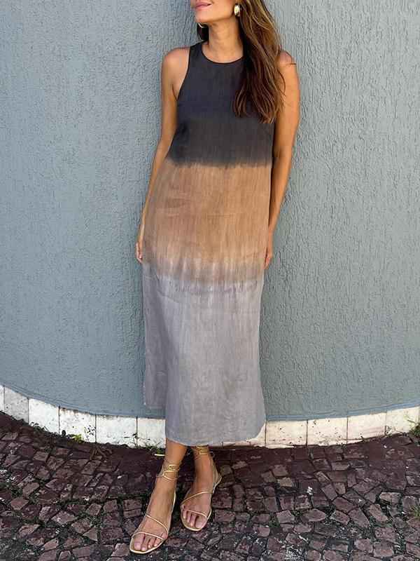Women's midi dress with a sleeveless shape, a round neckline and a straight silhouette