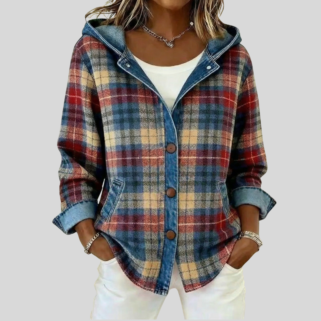 Checked Hooded Shirt Jacket, front view.