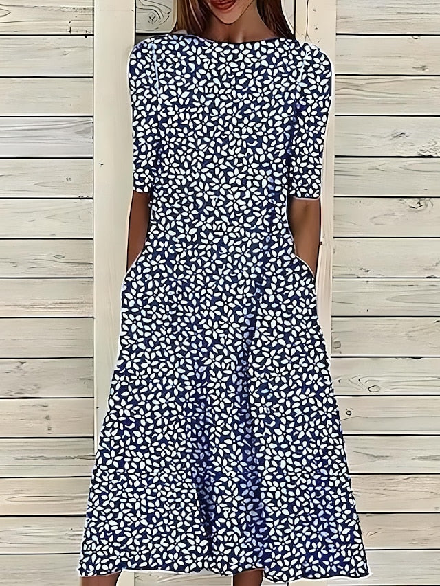 Women's midi dress with a round neckline, elbow-length sleeves and a gathered waist