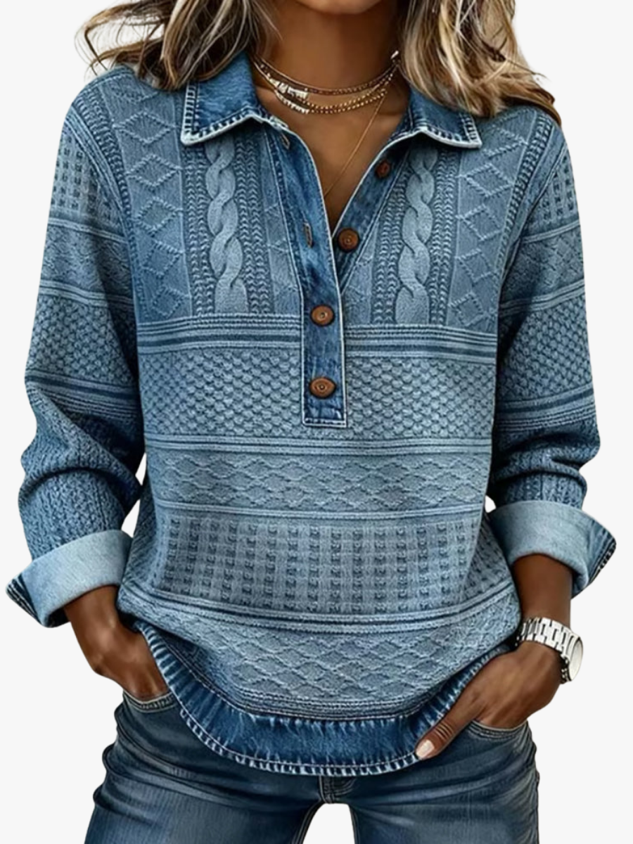Women's jumper with a patterned knit, a pointed collar and a button neckline