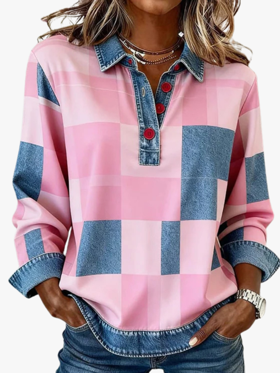 Women's top with colour-block panels, a pointed collar and a button neckline
