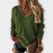 Women's jumper with a V-shaped neckline, long sleeves and ribbed cuffs and hem