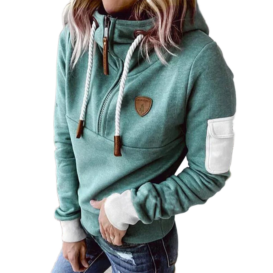Women's hoodie with contrasting panels, a drawstring hood and a zipped neckline