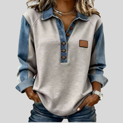 Contrast-Sleeve Button-Neck Sweatshirt, front view.