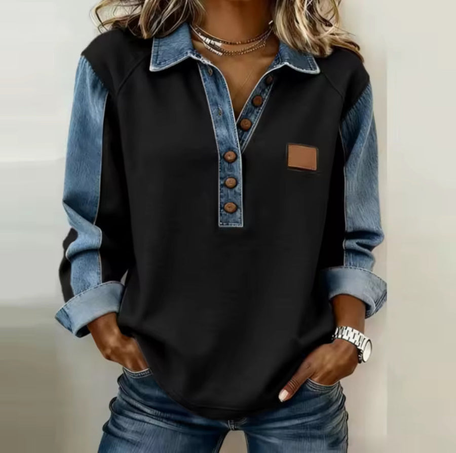 Contrast-Sleeve Button-Neck Sweatshirt, front view.
