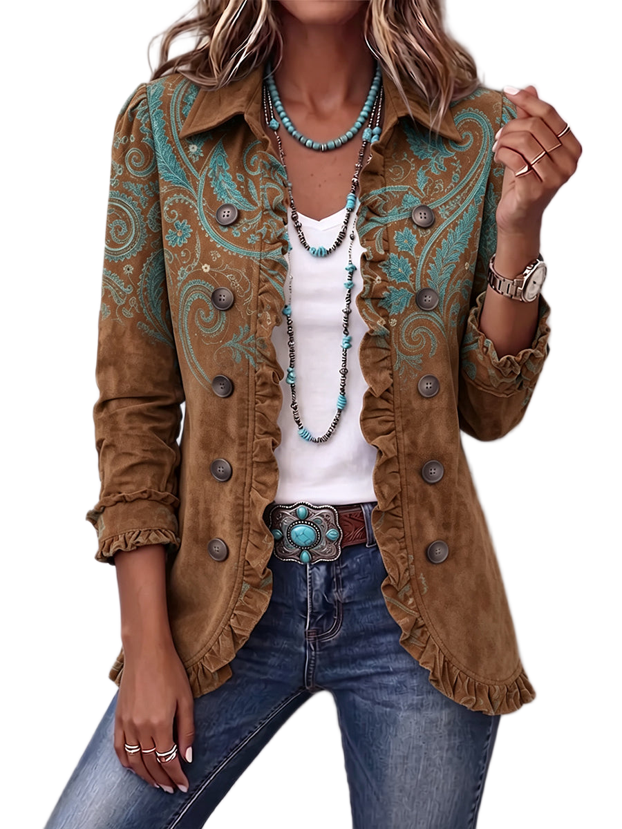 Women's jacket with a paisley print, a shirt-style collar and decorative buttons