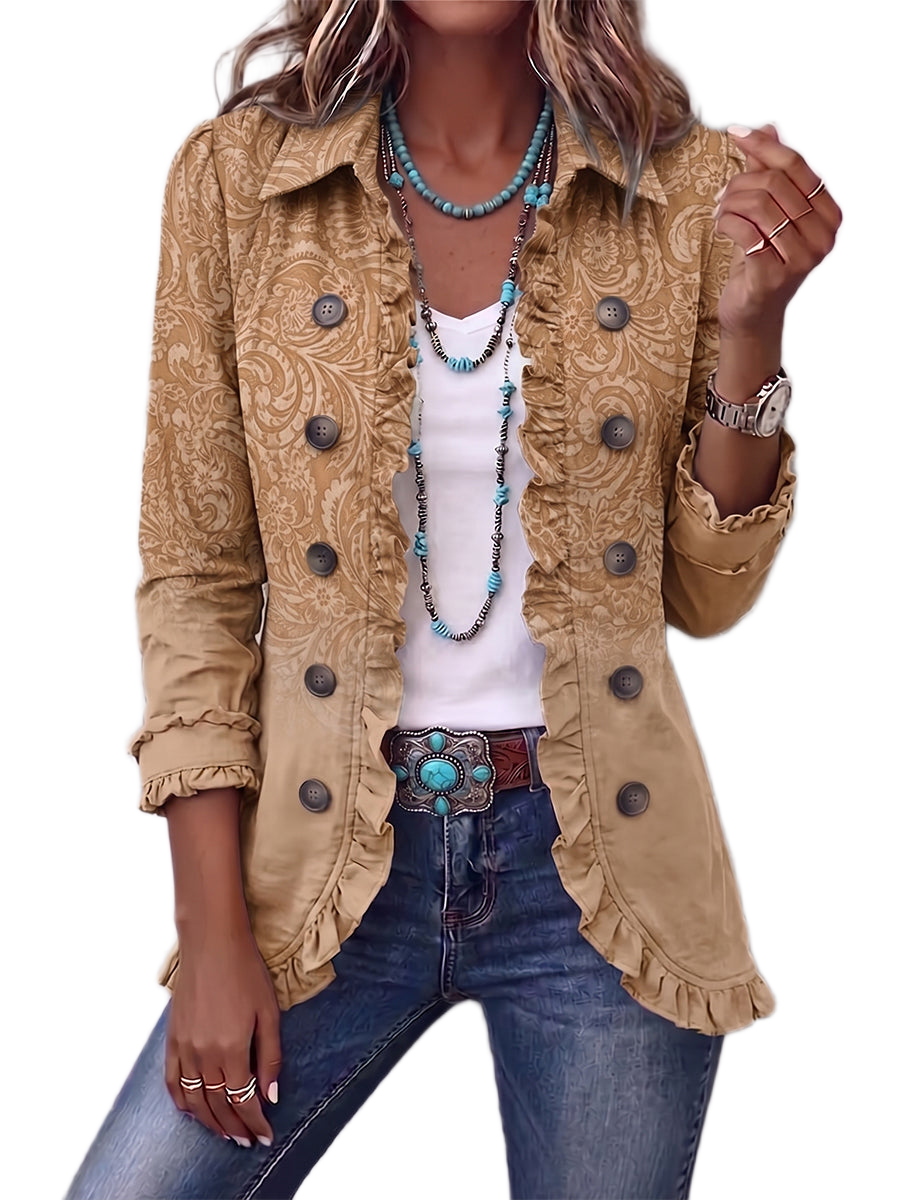 Women's jacket with a decorative pattern, a shirt-style collar and decorative buttons