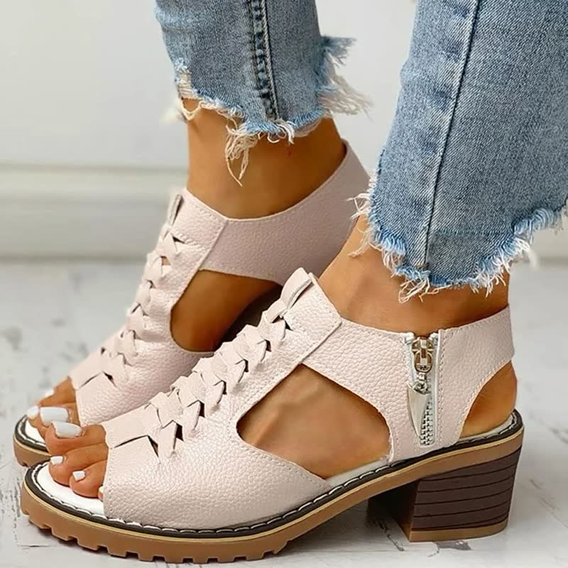Women's heeled sandals with cut-out detailing, a lace-up fastening and a zipped shaft