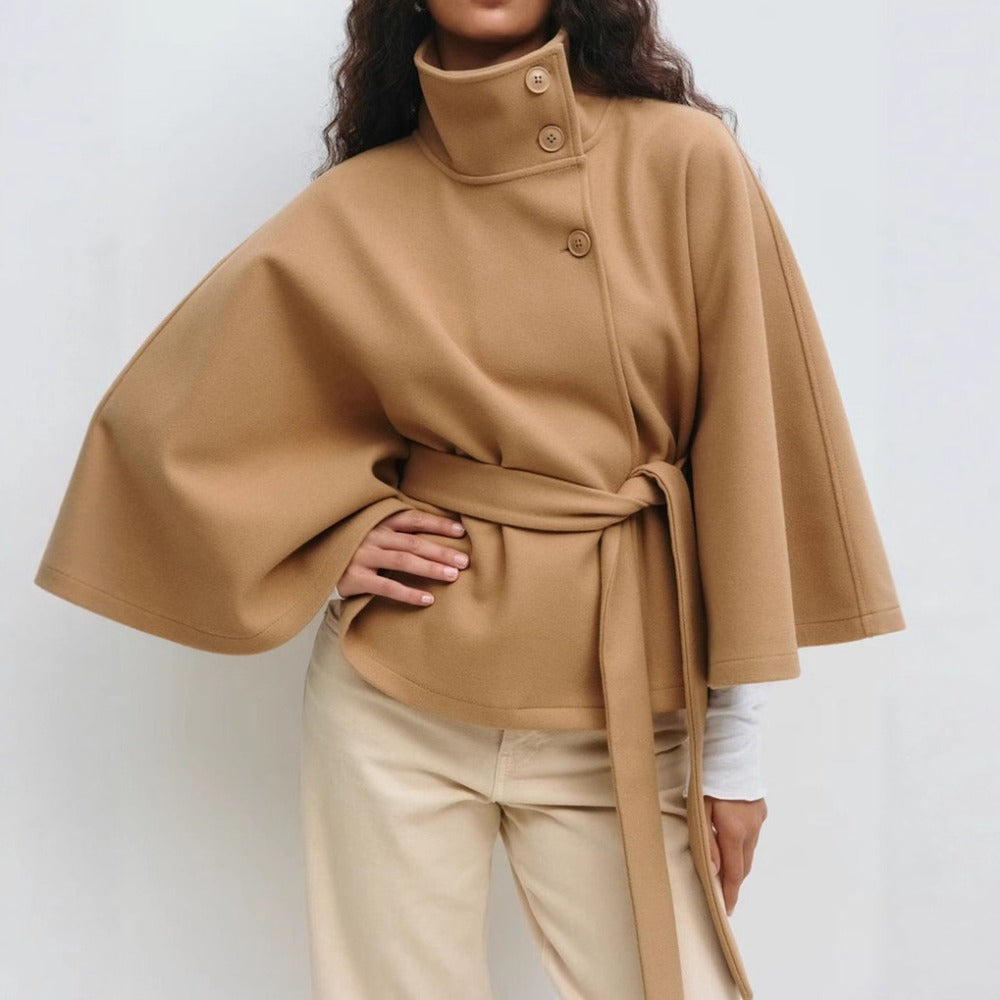 Aderyn | High-Neck Belted Cape Coat in Khaki
