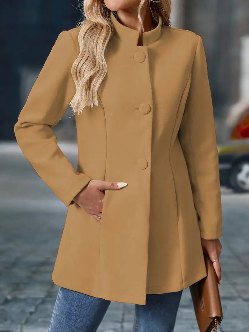 Clodagh | Mid-Length High-Neck Buttoned Winter Coat in Camel