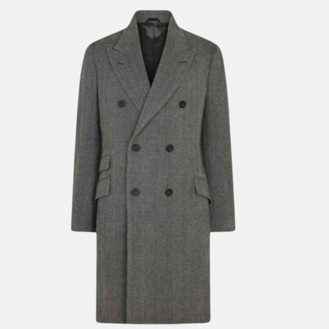 Women's long coat with a double-breasted front, notched lapels and a longline silhouette