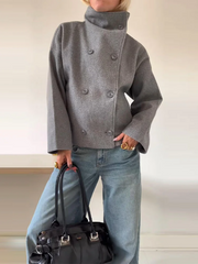 Ceridwen | High-Neck Double-Breasted Wool-Blend Coat in Grey