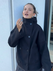 Ceridwen | High-Neck Double-Breasted Wool-Blend Coat in Black