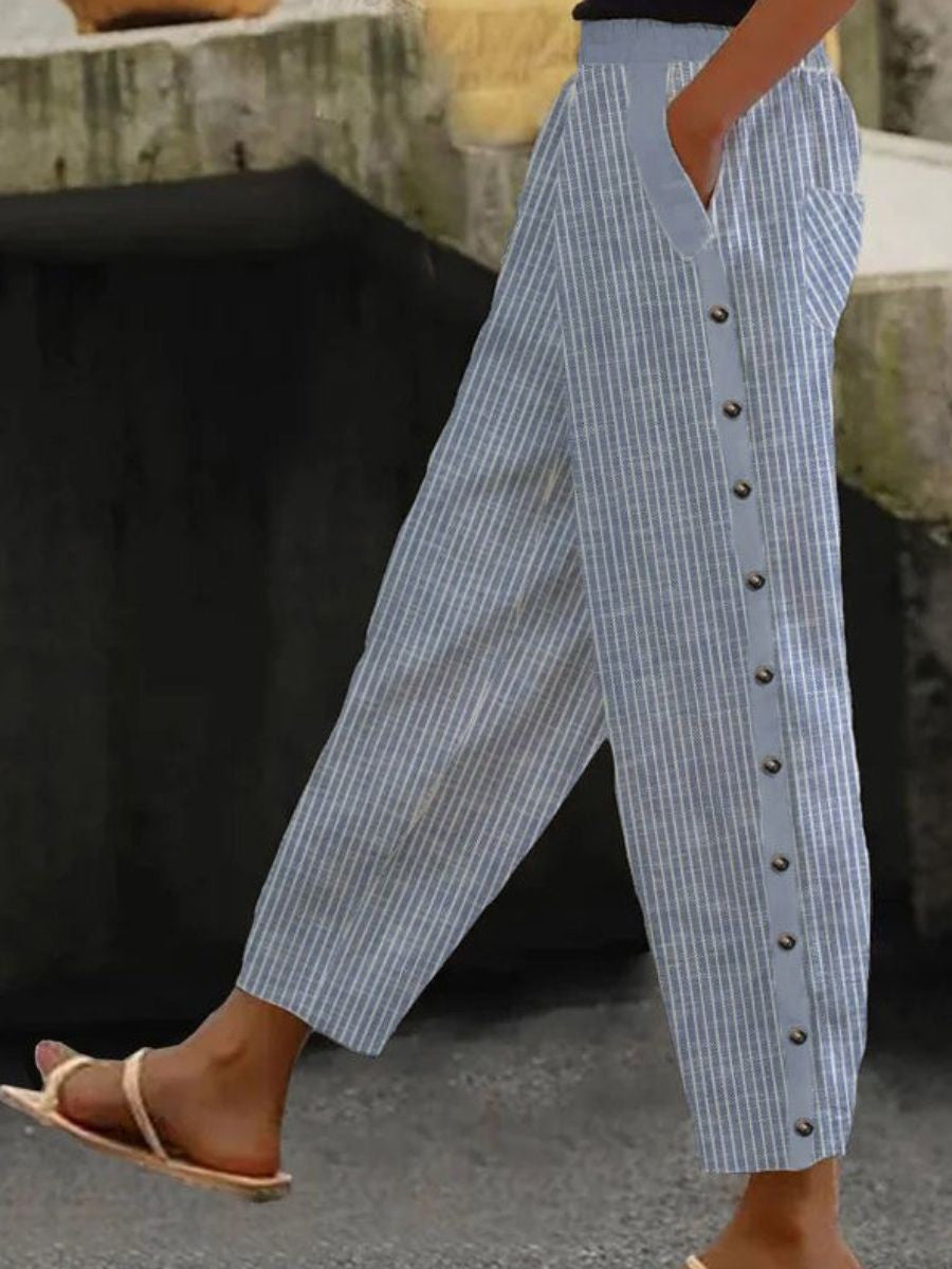 LINAYA | STRIPED BUTTON-FRONT TROUSERS