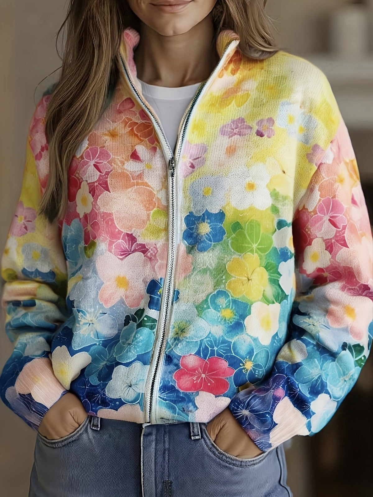 CARMELA | FLORAL OMBRÉ ZIP CARDIGAN