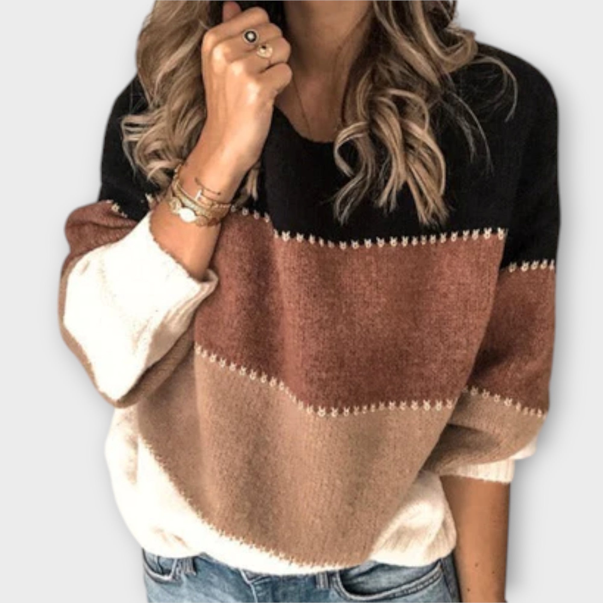 Elisa | Soft Jumper In Olive Cream With Block Colours