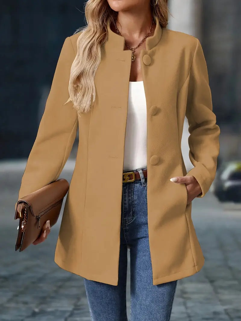 Clodagh | Mid-Length High-Neck Buttoned Winter Coat in Camel