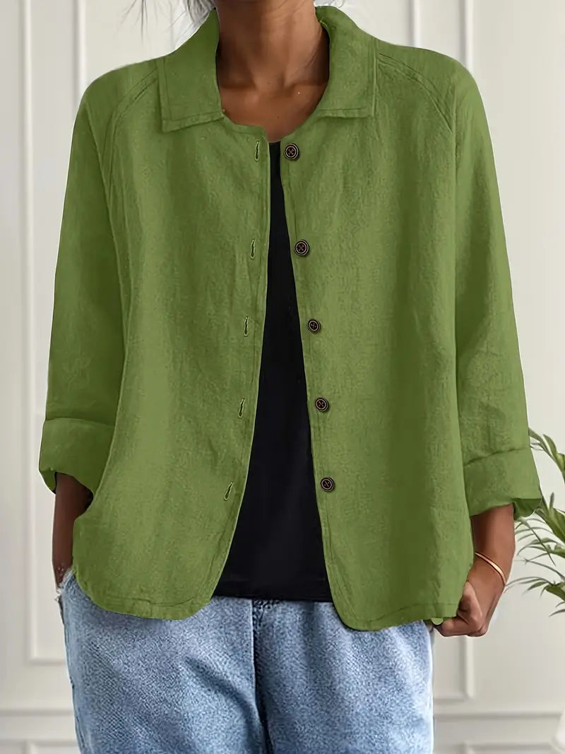 Tesni | Three-Quarter Sleeve Button-Front Shirt Jacket in Khaki