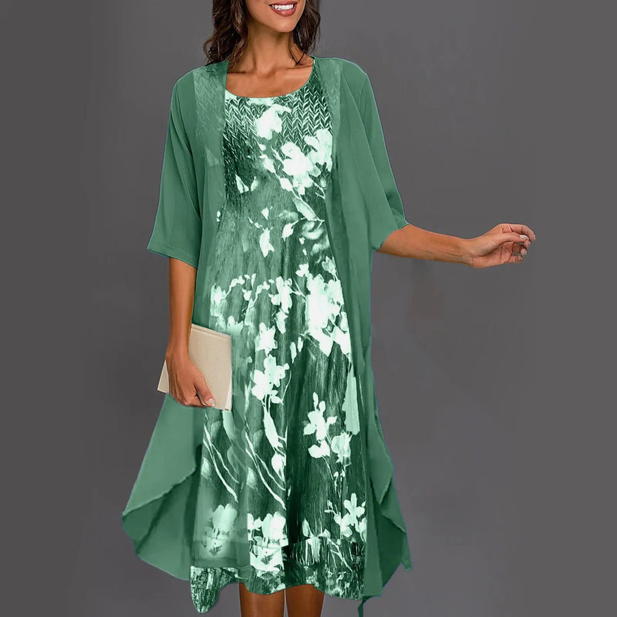 Women's dress and cover-up set with an open front, elbow-length sleeves and a flared hem