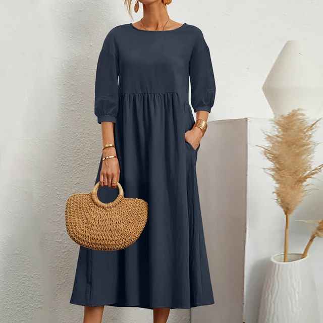 Women's midi dress with a round neckline, elbow-length sleeves and a gathered waist