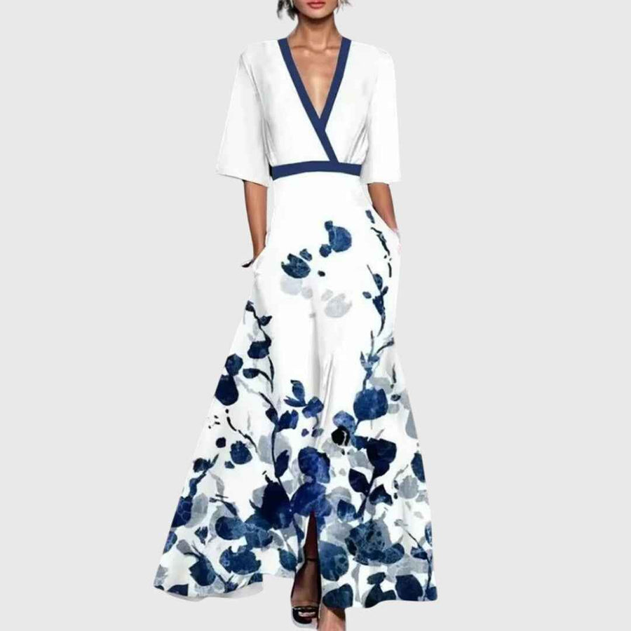 Women's maxi dress with a floral pattern, contrasting trim and a V-shaped neckline