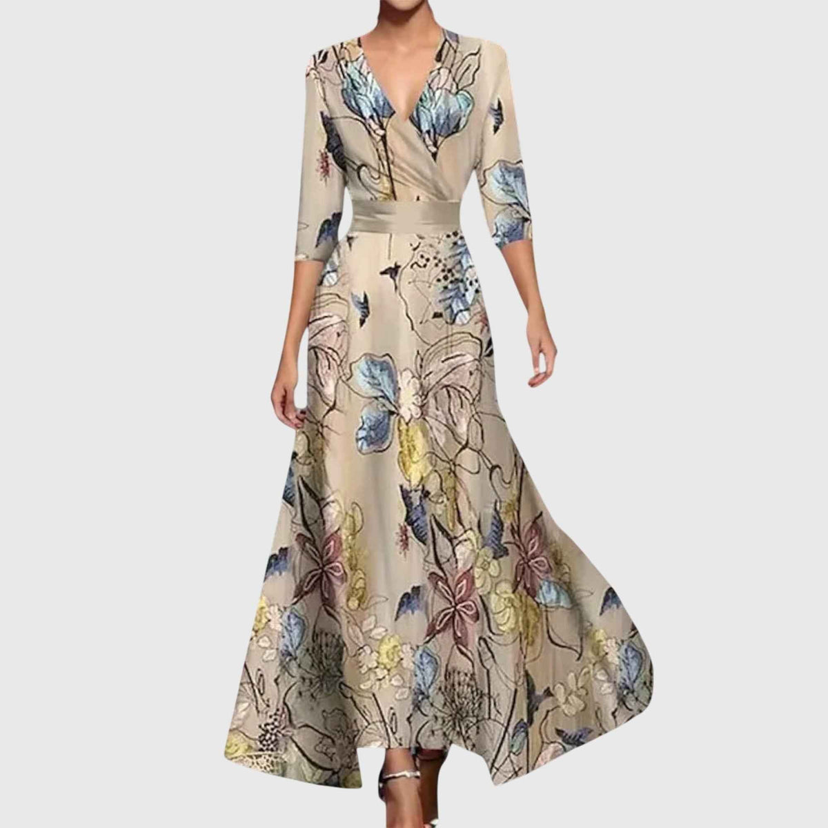 Women's maxi dress with contrasting trim, a V-shaped neckline and side pockets