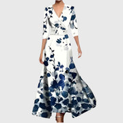 Women's maxi dress with contrasting trim, a V-shaped neckline and side pockets