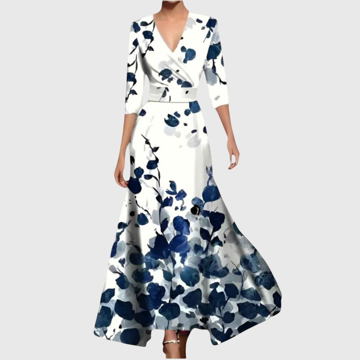 Women's maxi dress with contrasting trim, a V-shaped neckline and side pockets