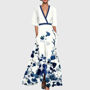 Women's maxi dress with contrasting trim, a V-shaped neckline and side pockets