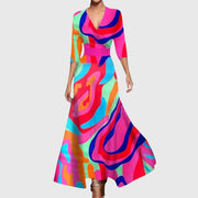 Women's maxi dress with contrasting trim, a V-shaped neckline and side pockets