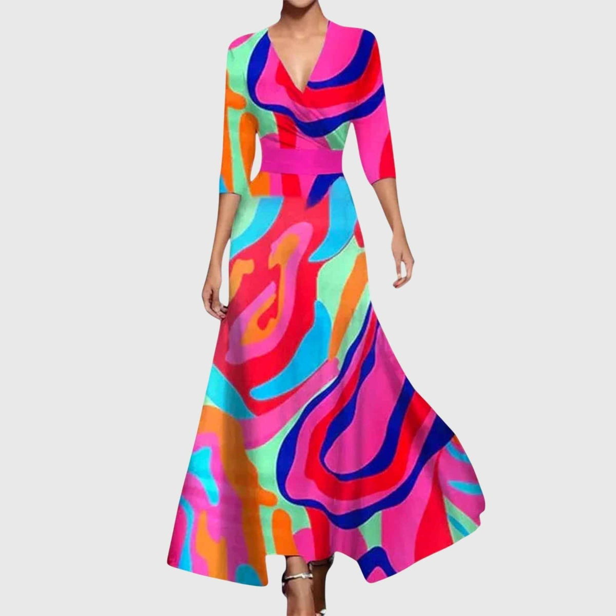 Women's maxi dress with contrasting trim, a V-shaped neckline and side pockets