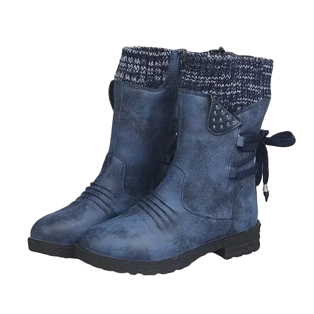 Women's mid-calf boots with a knitted cuff, tie detailing and a rounded toe